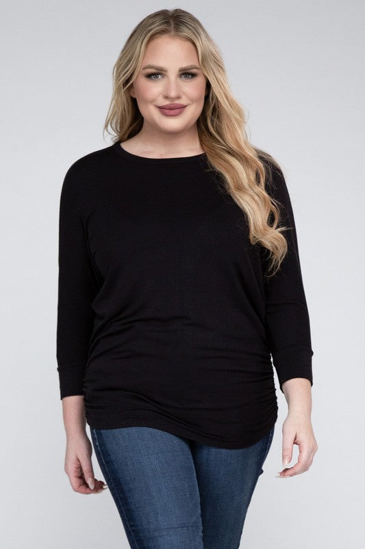 Curvy Luxe Ruched Boat Neck 3/4 Sleeve Top