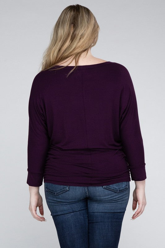 Curvy Luxe Ruched Boat Neck 3/4 Sleeve Top