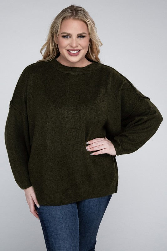 Curvy Oversized Round Neck Raw Seam Melange Sweater