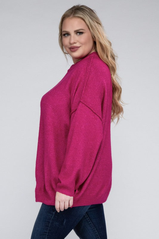 Curvy Oversized Round Neck Raw Seam Melange Sweater
