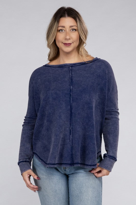 Curvy Washed Baby Waffle Oversized Long Sleeve Top
