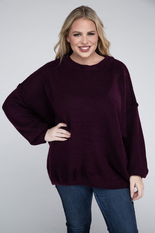 Curvy Oversized Round Neck Raw Seam Melange Sweater