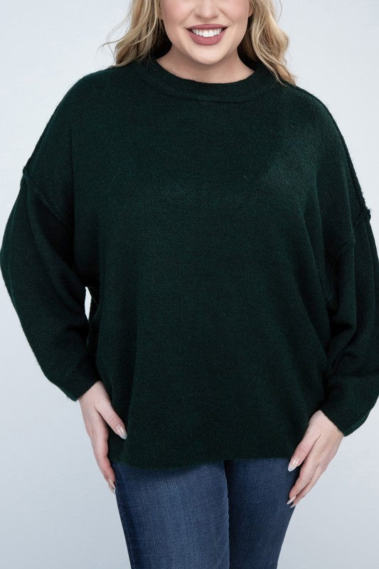 Curvy Oversized Round Neck Raw Seam Melange Sweater