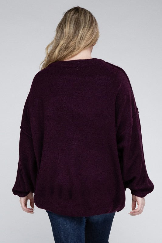 Curvy Oversized Round Neck Raw Seam Melange Sweater