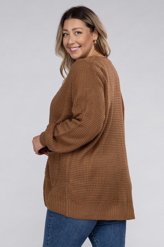 Curvy Cozy Waffle Knit Open Cardigan Sweater