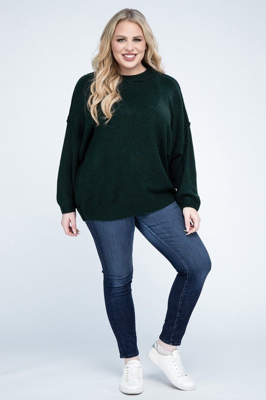 Curvy Oversized Round Neck Raw Seam Melange Sweater
