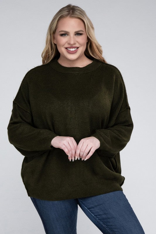 Curvy Oversized Round Neck Raw Seam Melange Sweater