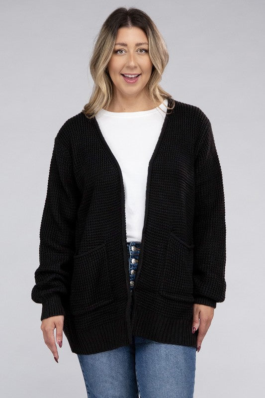 Curvy Cozy Waffle Knit Open Cardigan Sweater