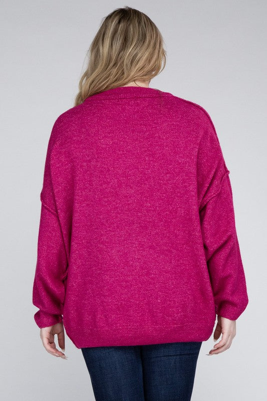 Curvy Oversized Round Neck Raw Seam Melange Sweater