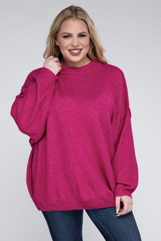 Curvy Oversized Round Neck Raw Seam Melange Sweater