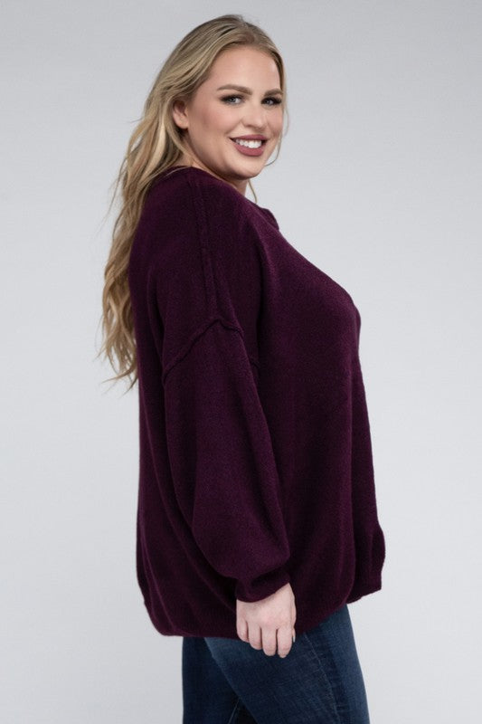 Curvy Oversized Round Neck Raw Seam Melange Sweater