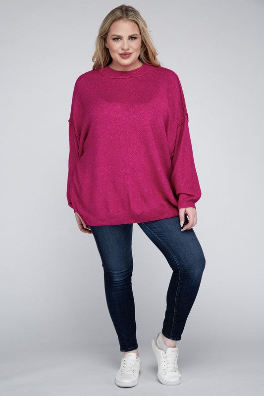 Curvy Oversized Round Neck Raw Seam Melange Sweater