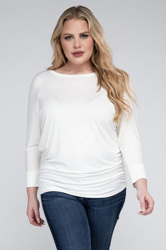 Curvy Luxe Ruched Boat Neck 3/4 Sleeve Top
