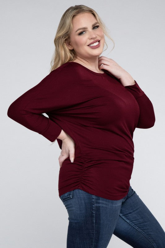 Curvy Luxe Ruched Boat Neck 3/4 Sleeve Top