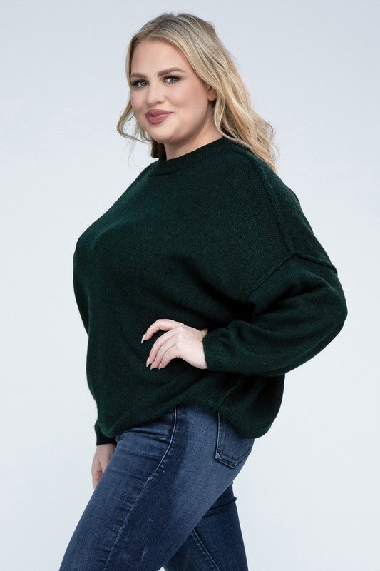 Curvy Oversized Round Neck Raw Seam Melange Sweater
