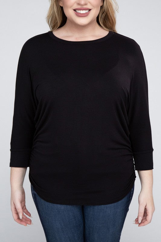 Curvy Luxe Ruched Boat Neck 3/4 Sleeve Top