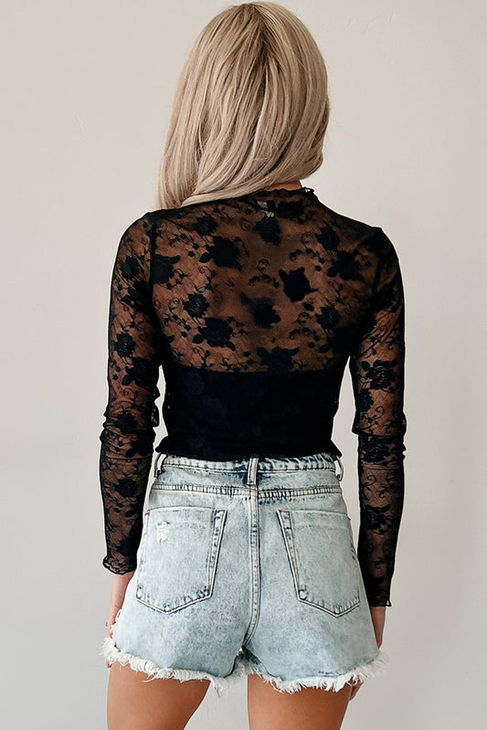 Kallie Mock Neck Floral Lace Mesh Top