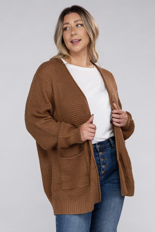 Curvy Cozy Waffle Knit Open Cardigan Sweater