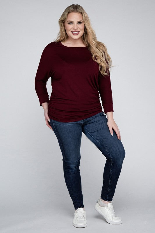 Curvy Luxe Ruched Boat Neck 3/4 Sleeve Top