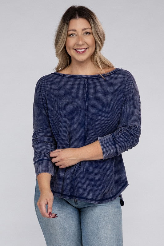 Curvy Washed Baby Waffle Oversized Long Sleeve Top