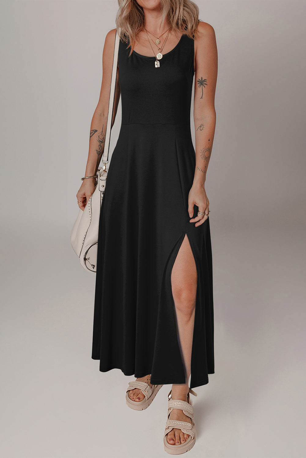 Seasonless Solid Slit Midi Dress