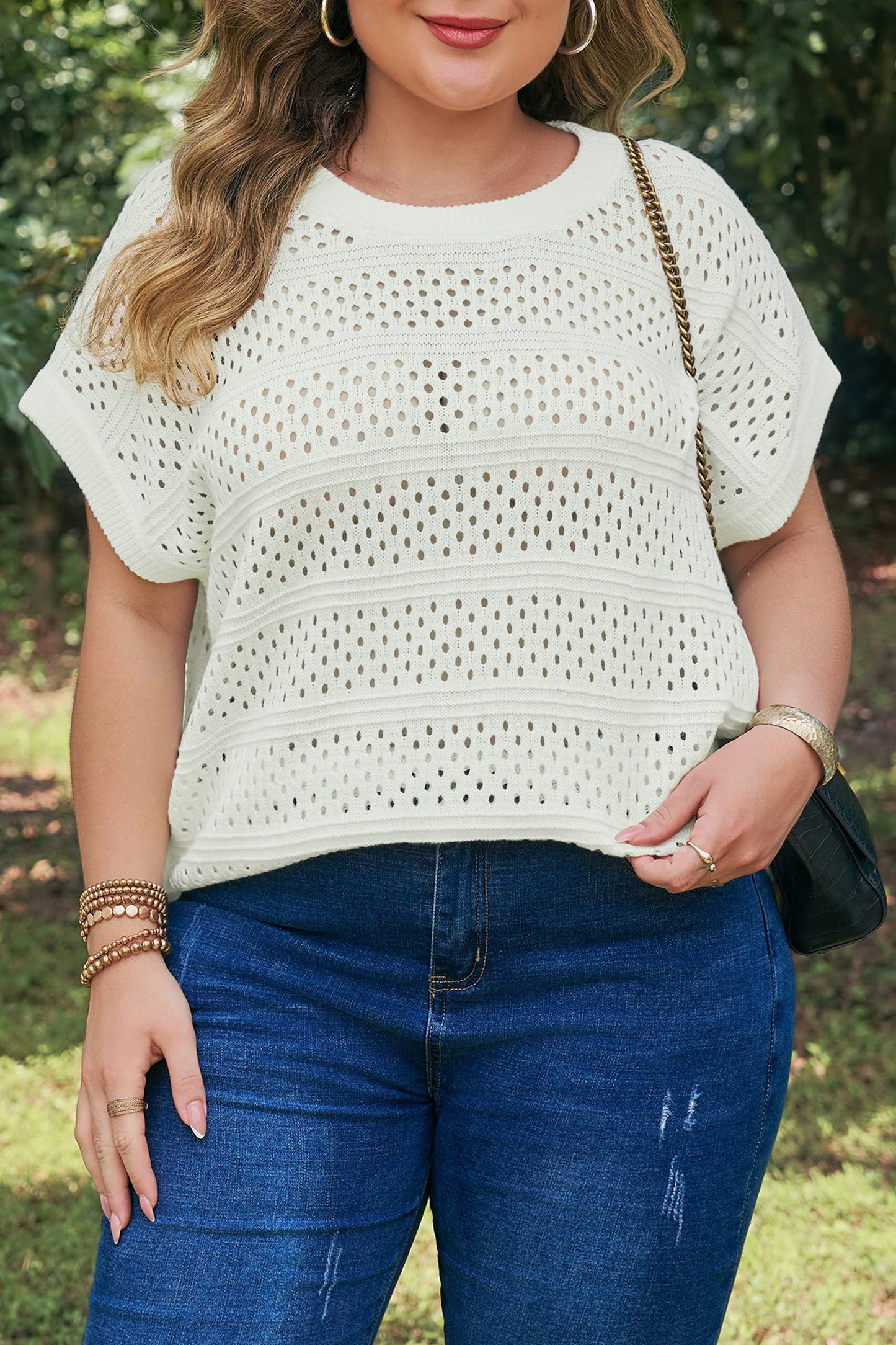 Curvy Justina Eyelet Knit Short Sleeve Top