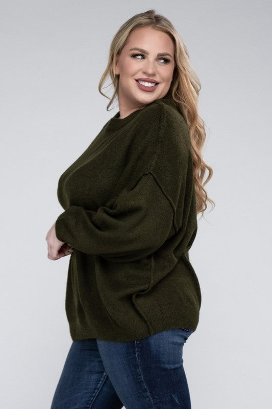 Curvy Oversized Round Neck Raw Seam Melange Sweater