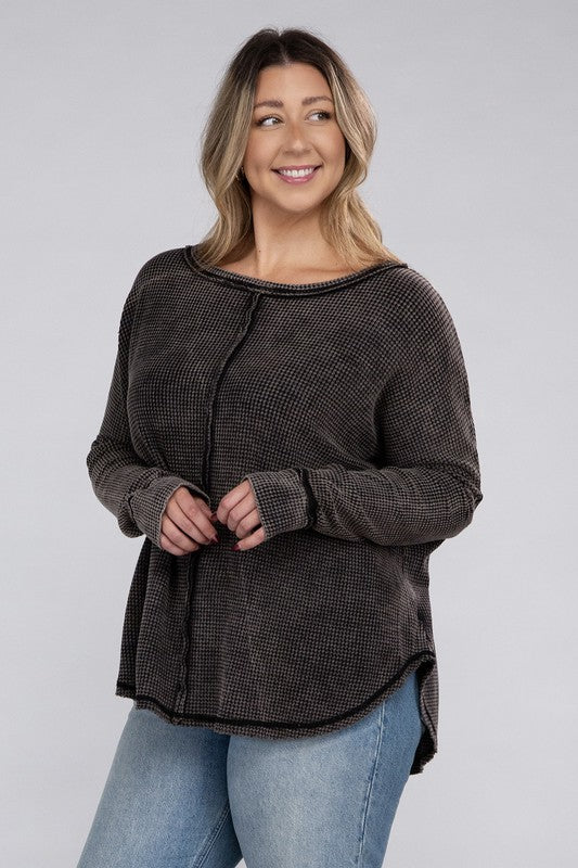 Curvy Washed Baby Waffle Oversized Long Sleeve Top