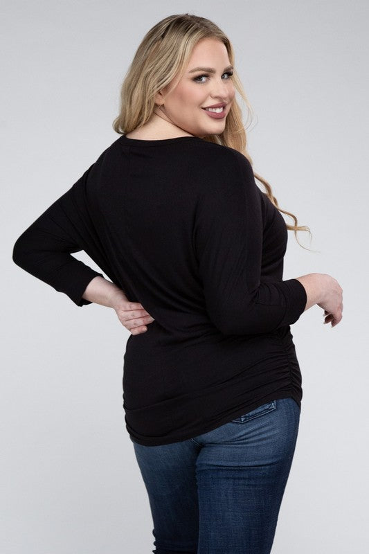 Curvy Luxe Ruched Boat Neck 3/4 Sleeve Top