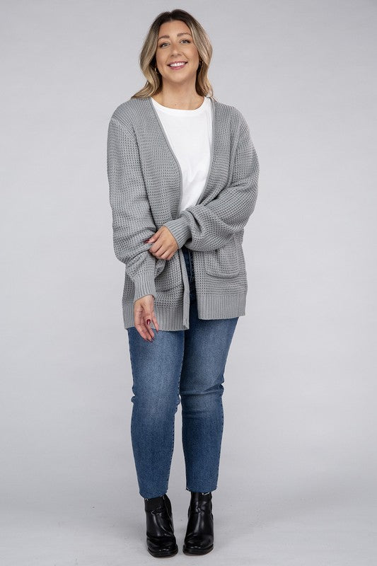 Curvy Cozy Waffle Knit Open Cardigan Sweater