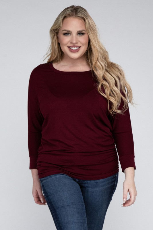 Curvy Luxe Ruched Boat Neck 3/4 Sleeve Top