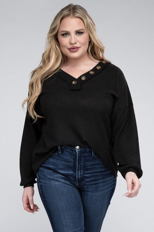 Curvy Brushed Waffle V-Neck Button Detail Sweater