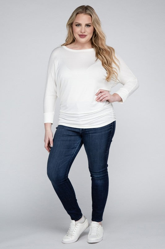 Curvy Luxe Ruched Boat Neck 3/4 Sleeve Top