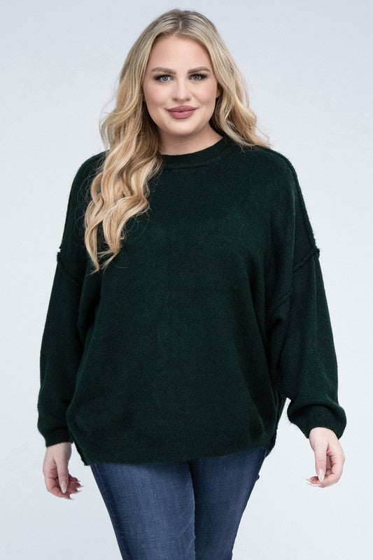Curvy Oversized Round Neck Raw Seam Melange Sweater