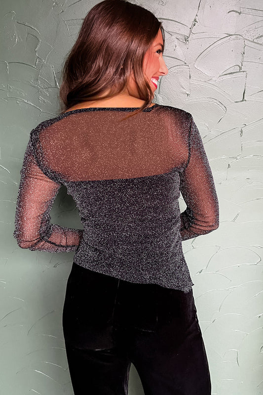 Metallic Glitter Sheer Mesh Long Sleeve Top