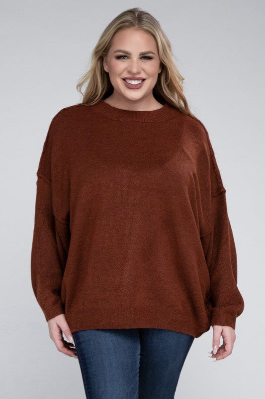 Curvy Oversized Round Neck Raw Seam Melange Sweater