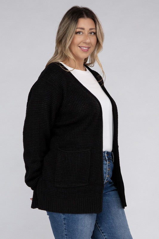 Curvy Cozy Waffle Knit Open Cardigan Sweater