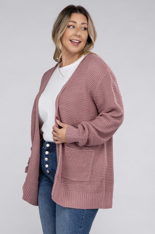 Curvy Cozy Waffle Knit Open Cardigan Sweater