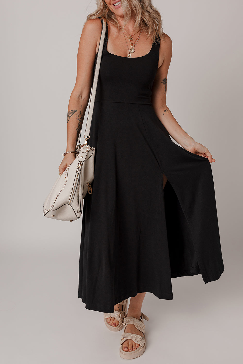 Seasonless Solid Slit Midi Dress