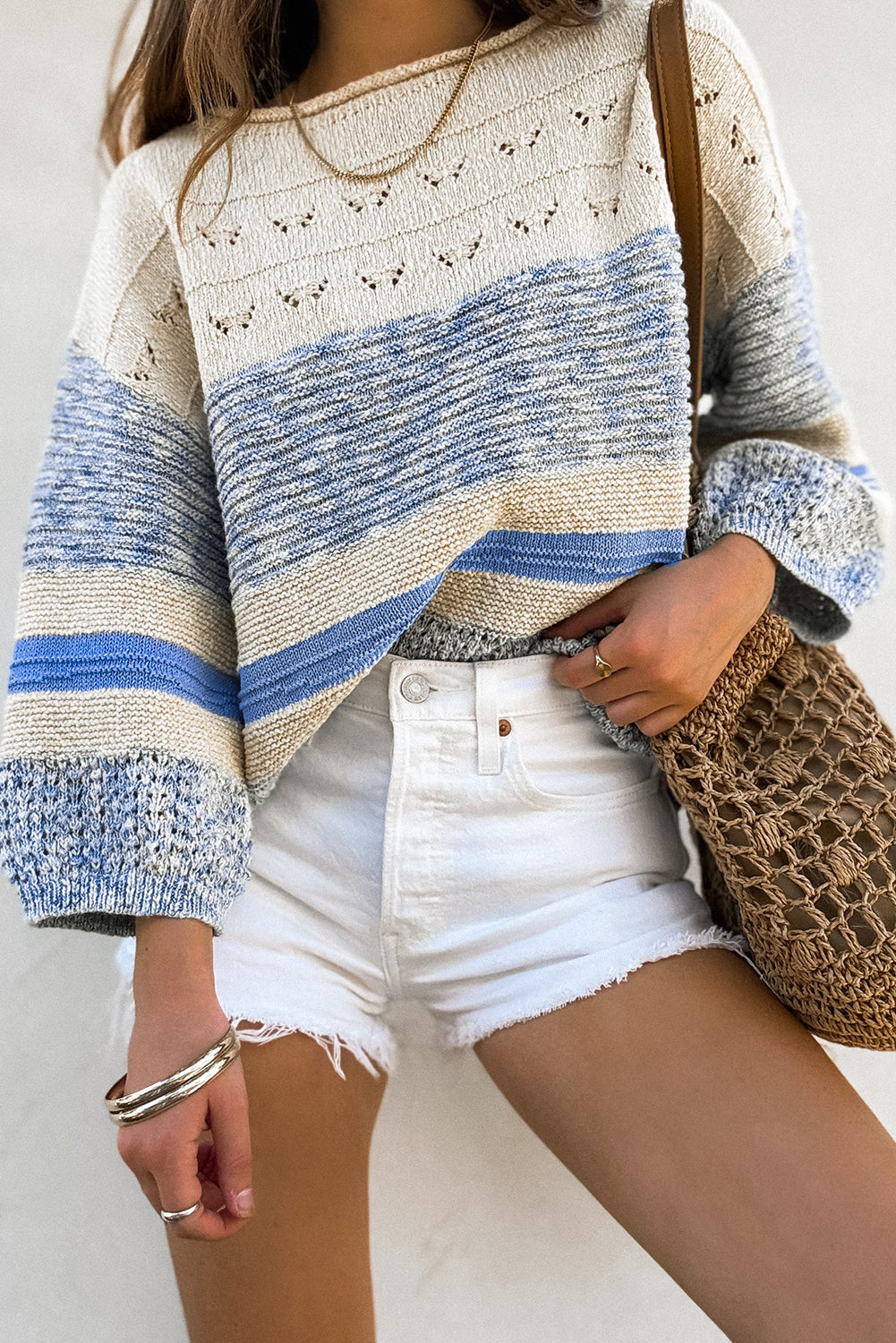 Light Blue Striped Crochet Puff Sleeve Sweater
