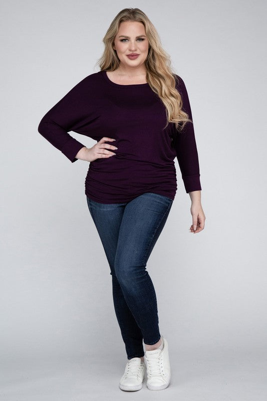 Curvy Luxe Ruched Boat Neck 3/4 Sleeve Top