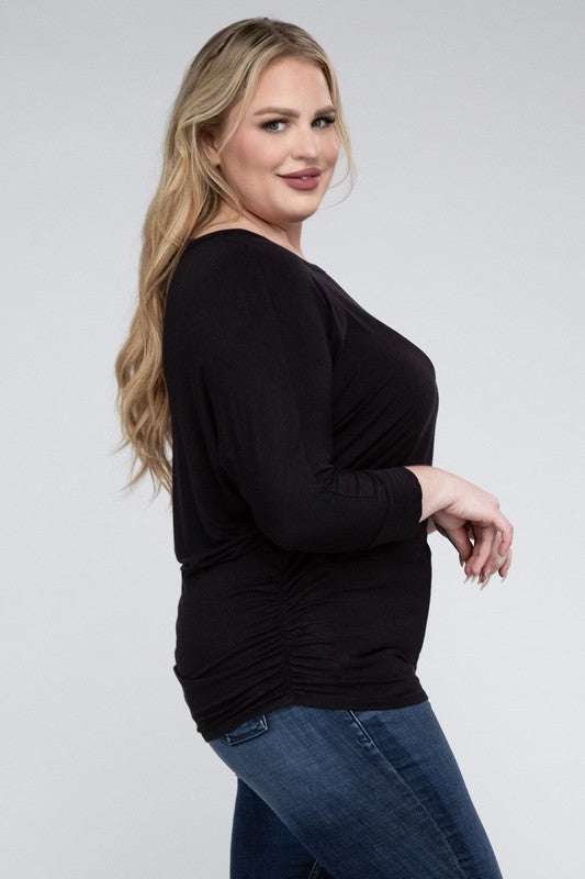 Curvy Luxe Ruched Boat Neck 3/4 Sleeve Top