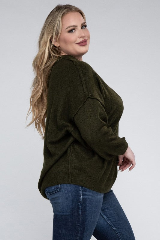 Curvy Oversized Round Neck Raw Seam Melange Sweater