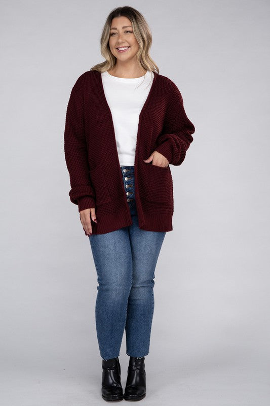 Curvy Cozy Waffle Knit Open Cardigan Sweater