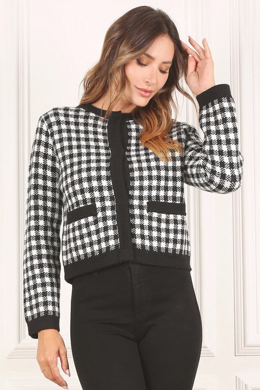 Black Gingham Knitted Cardigan