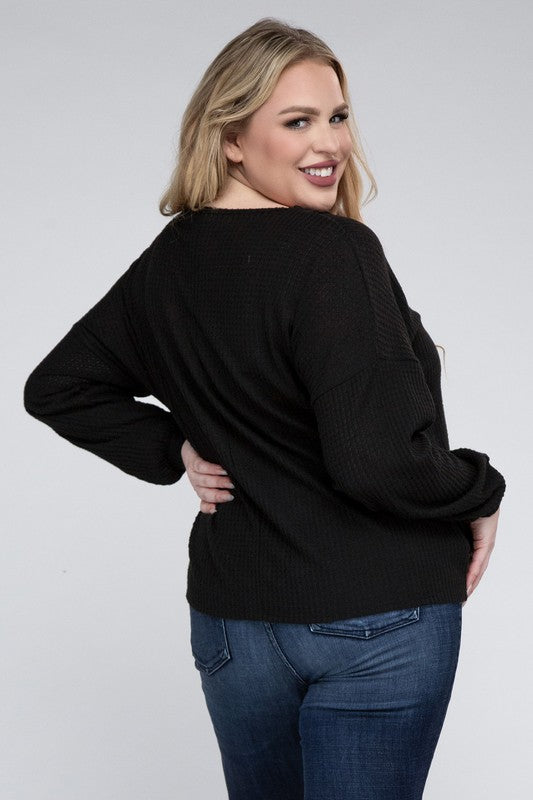 Curvy Brushed Waffle V-Neck Button Detail Sweater
