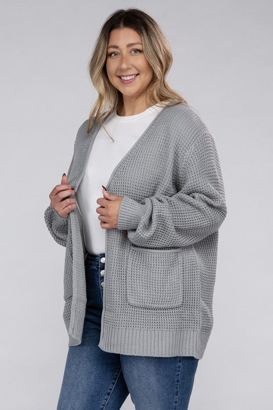Curvy Cozy Waffle Knit Open Cardigan Sweater