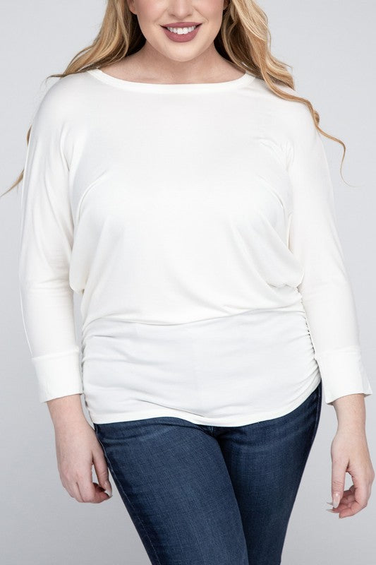 Curvy Luxe Ruched Boat Neck 3/4 Sleeve Top