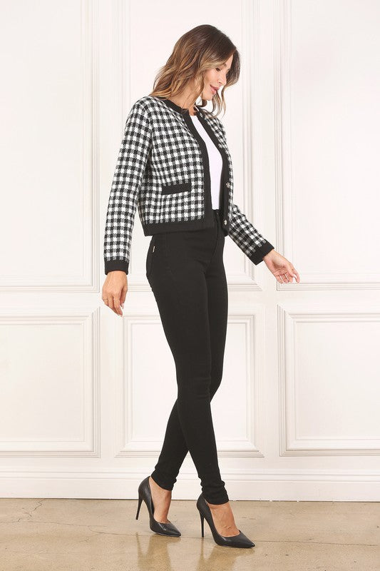 Black Gingham Knitted Cardigan