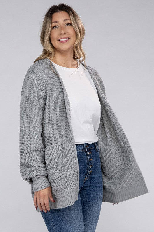 Curvy Cozy Waffle Knit Open Cardigan Sweater